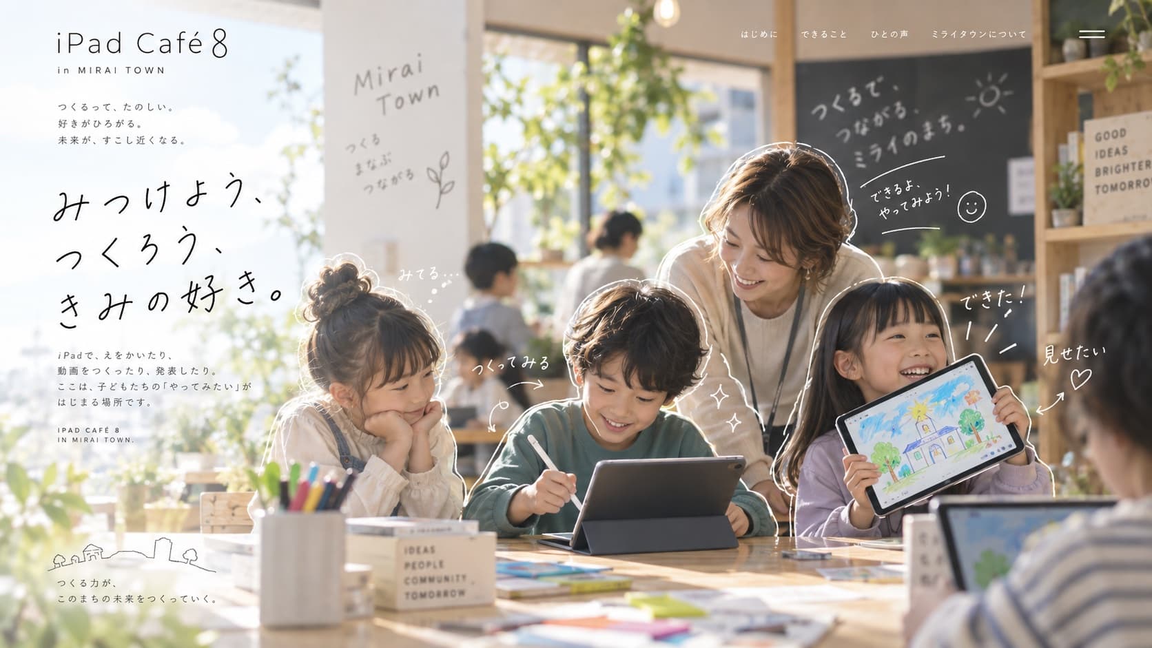 子どもたちがiPadで絵を描き、描いた絵を見せている様子